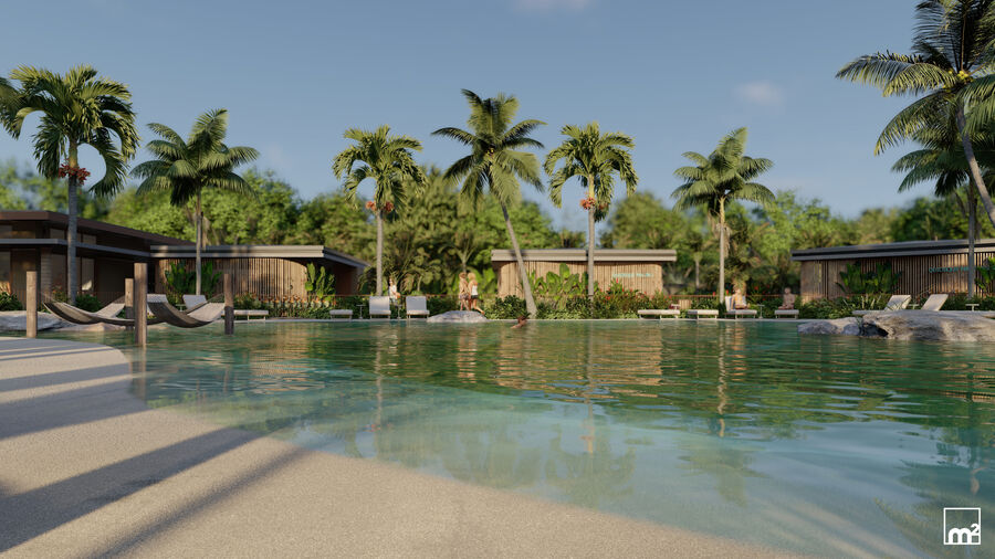 Piscina com prainha de areia e redes