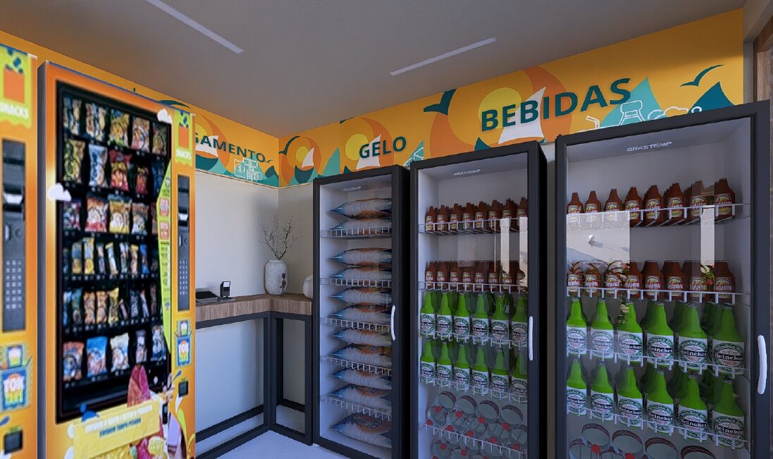 Interior do mercadinho com gelo e bebidas